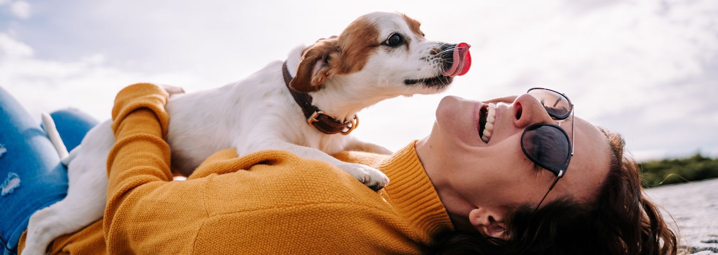 A beautiful woman laughing while her pet is licking her face in a sunny day in the park in Madrid.