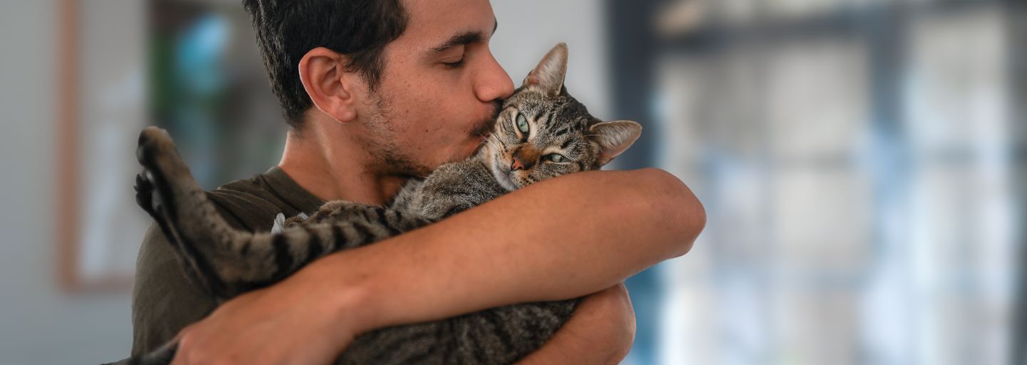 man hugging and kissing a cat